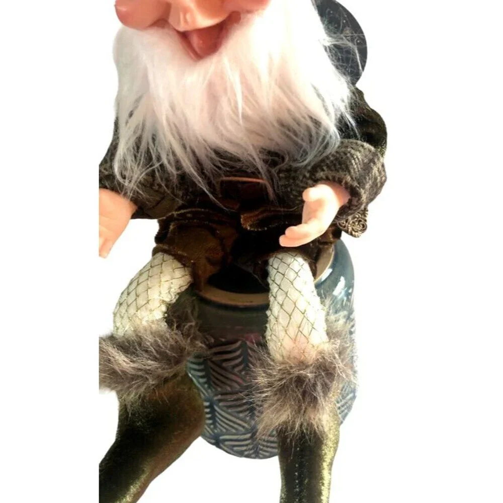 Christmas Pixie Elf Doll Gnome Gold Braid Trim Posable Hanging Bells Brown Plaid